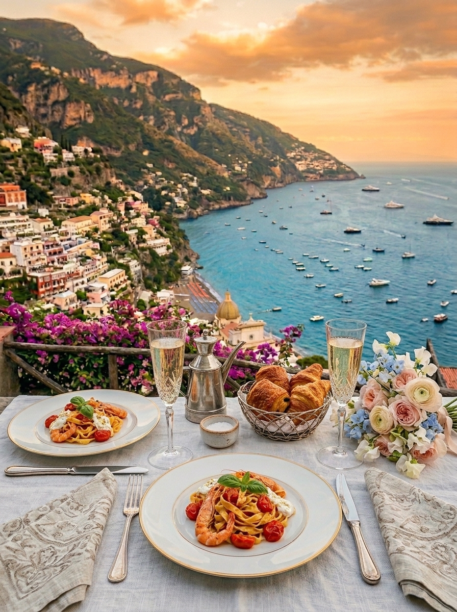 Pasta and champagne on a terrace overlooking Positano and the Amalfi Coast at sunset.