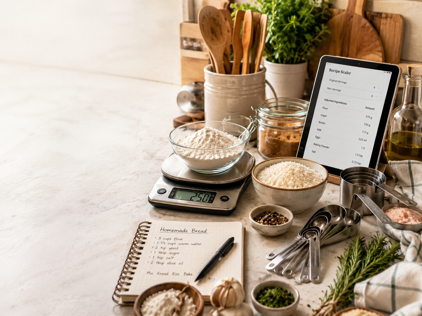 Flat lay of a white ceramic bowl of flour, gold measuring spoons, a folded linen towel, and a small potted plant on white marble